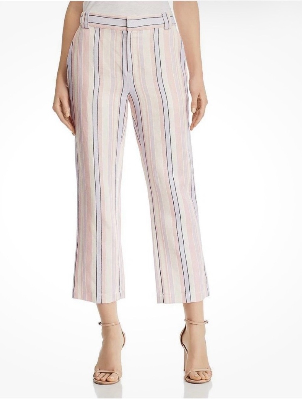 Rebecca Minkoff Cream Linen-Blend Cropped Striped Pants